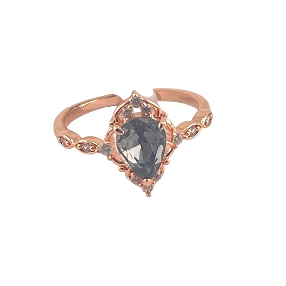 Elegant Rose Gold Tone Teardrop Ring With Blue Stone & Crystal Accents Size 7 - Picture 2 of 9